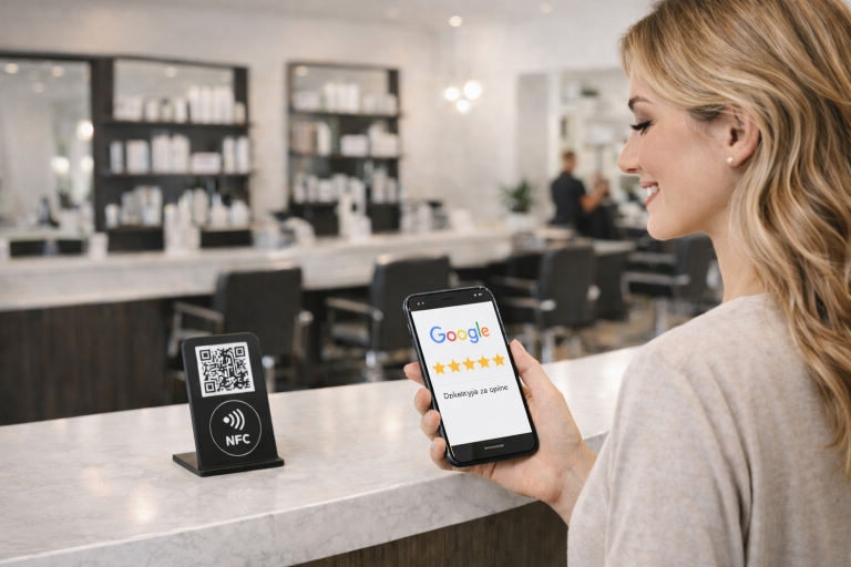Fryzjer lub salon beauty z klientem skanującym QR lub NFC do opinii Google.