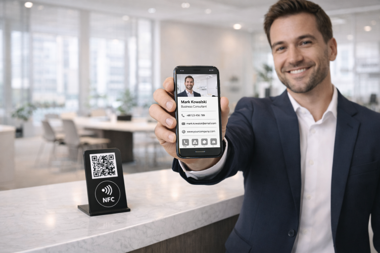 Uczestnik konferencji skanujący QR lub NFC do formularza leadowego.