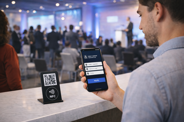 Handlowiec pokazujący cyfrową wizytówkę po skanie NFC lub QR.