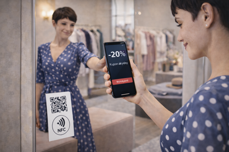 Klient w sklepie stacjonarnym skanujący QR lub NFC do promocji.