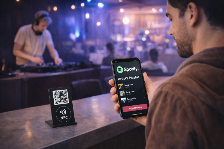 Użytkownik otwierający Spotify po skanie QR lub NFC.