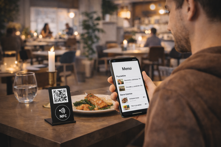 Restauracja z menu otwieranym po skanie QR lub NFC.
