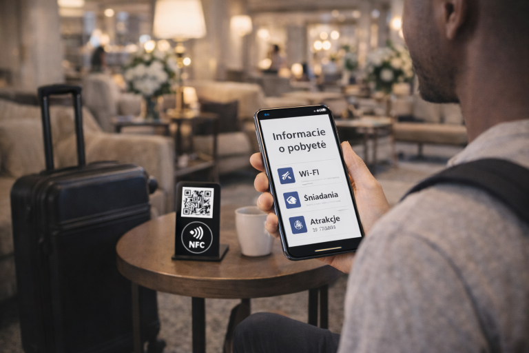 Hotel lub apartament z informacjami o pobycie po skanie QR lub NFC.